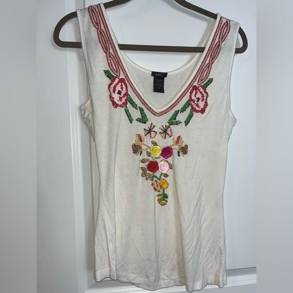 Aziz VTG Y2K Sleeveless Colorful Beaded Fabric Rosettes Beige Spandex Tank Top L